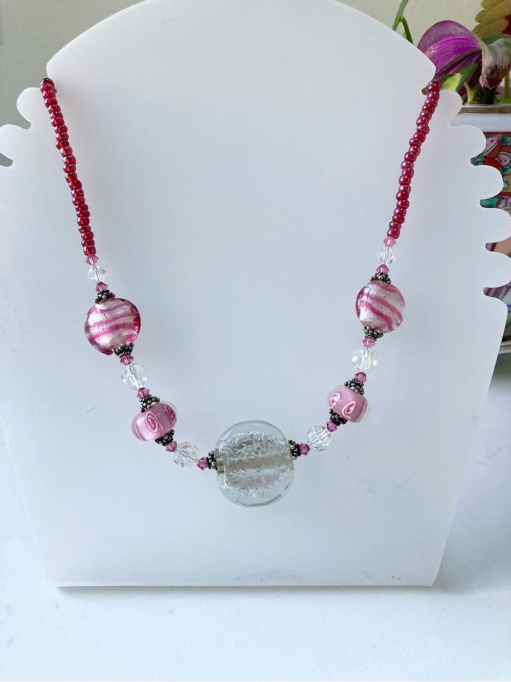 Handcrafted Murano-Style Glass Bead Necklace, 925 Sterling Silver Clasp